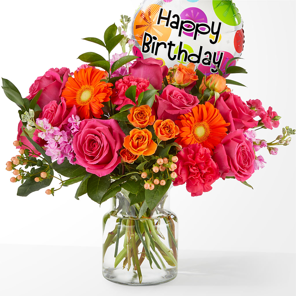 Fiesta Bouquet with Birthday Balloon – The Village Market Florist, Holly Springs MS