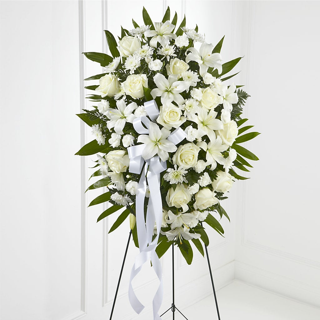 Exquisite Tribute Standing Spray-White Ribbon – The Village Market Florist, Holly Springs MS