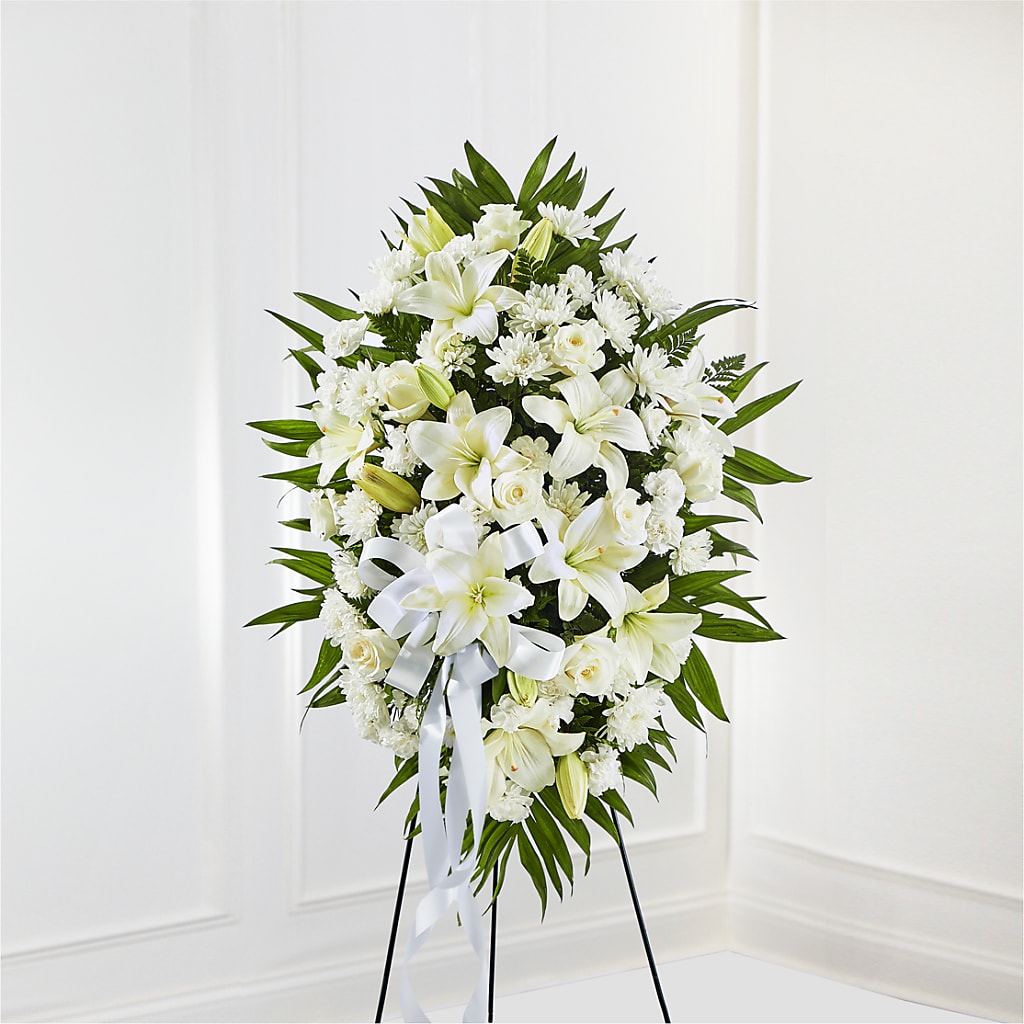 Exquisite Tribute Standing Spray-White Ribbon – The Village Market Florist, Holly Springs MS